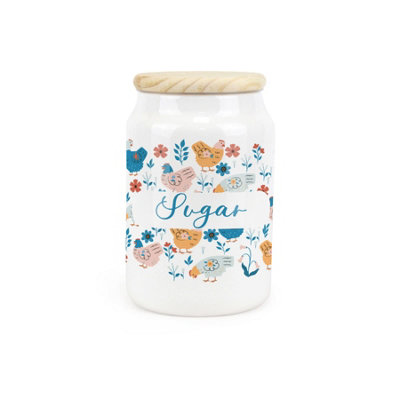 Purely Home Botanical Chickens Ceramic Sugar Canister Hens & Flowers Artwork Kitchen Storage Container & Wooden Lid 600Ml (14.5Cm X 9.5Cm) from B&Q