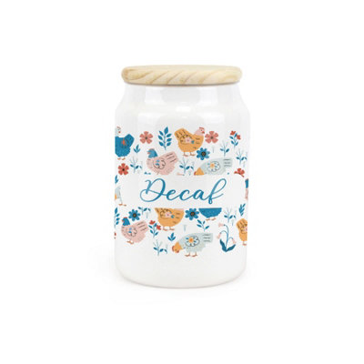 Purely Home Botanical Chickens Ceramic Decaf CanisterHens & Flowers Artwork Kitchen Storage Container & Wooden Lid 600Ml (14.5Cm X 9.5Cm) from B&Q