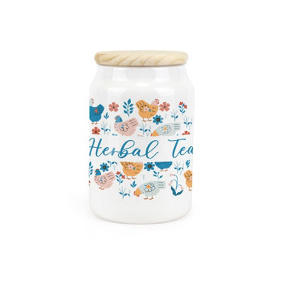 Purely Home Botanical Chickens Ceramic Herbal Tea CanisterHens & Flowers Kitchen Storage Container & Wooden Lid 600Ml (14.5Cm X 9.5Cm) from B&Q