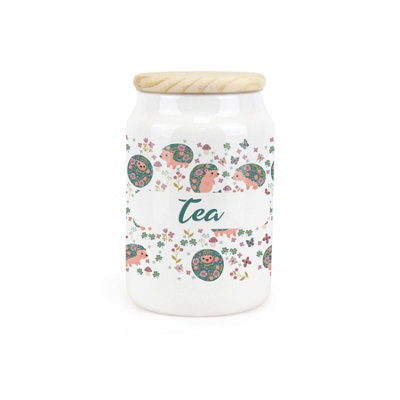 Purely Home Hedgehogs & Flowers Ceramic Tea Storage CanisterFloral Woodland Wildlife Kitchen Storage Container & Wooden Lid 600Ml from B&Q