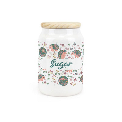 Purely Home Hedgehogs & Flowers Ceramic Sugar Storage CanisterFloral Woodland Wildlife Kitchen Storage Container & Wooden Lid 600Ml from B&Q