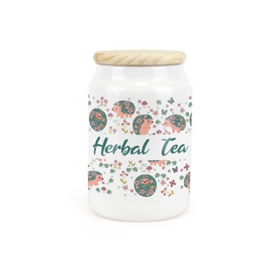 Purely Home Hedgehogs & Flowers Ceramic Herbal Tea Storage CanisterFloral Woodland Wildlife Kitchen Storage Container & Wooden Lid 600Ml from B&Q