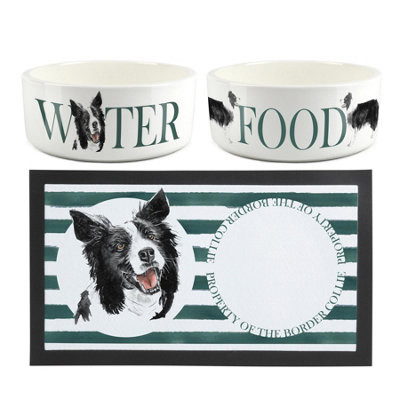 Border Collie Dog Bowls & Mat Set - Large White Ceramic Food & Water Dish Gifts - Image 3