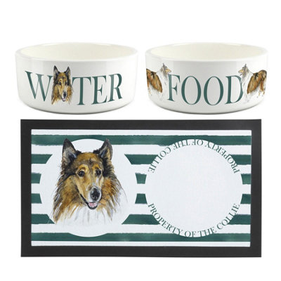 Purely Home Collie Pet Mat - Food & Water Bowl Set - White - Ceramic - 1L Bowls - Image 3