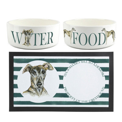 Purely Home Greyhound Pet Mat & Bowl Set - White - Ceramic & Rubber - 1L Bowls - Image 3