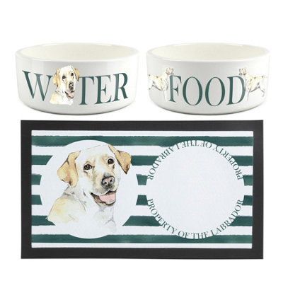 Labrador Dog Bowls & Mat Set - Large White Ceramic Food/Water Dish Gift - Image 3