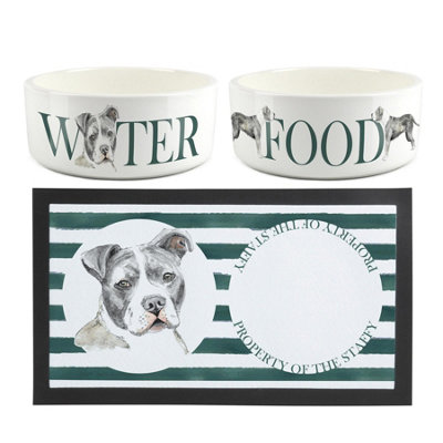 Purely Home Staffy Pet Mat & Bowl Set - White Ceramic 1L Bowls - Image 3