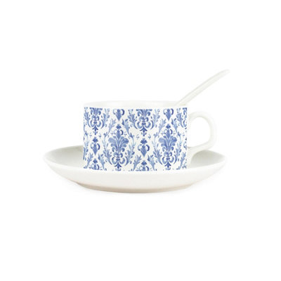 Purely Home Oriental Blue Ink Cup & Saucer Set With SpoonBlue & White Patterned Porcelain White Mug Coffee/tea Hot Drinks Present Gift from B&Q