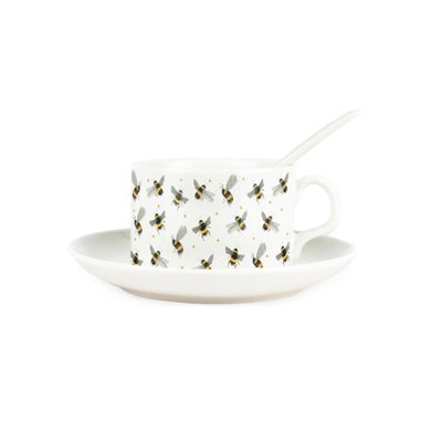 Purely Home Scattered Bees Cup & Saucer Set With SpoonBumblebees Patterned Porcelain White Mug Coffee/tea Hot Drinks Present Gift from B&Q