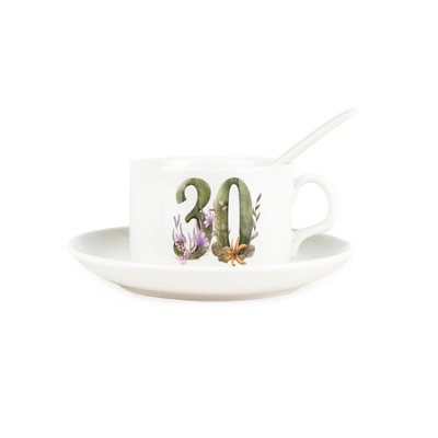 Purely Home Floral Age 30 Cup & Saucer Set With Spoon30Th Birthday/anniversary Gifts For HerPorcelain White Mug Coffee/tea Hot Drinks from B&Q
