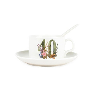 Purely Home Floral Age 40 Cup & Saucer Set With Spoon40Th Birthday/anniversary Gifts For HerPorcelain White Mug Coffee/tea Hot Drinks from B&Q