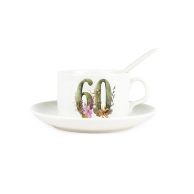 Purely Home Floral Age 60 Cup & Saucer Set With Spoon60Th Birthday/anniversary Gifts For HerPorcelain White Mug Coffee/tea Hot Drinks from B&Q