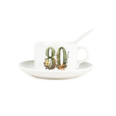 Purely Home Floral Age 80 Cup & Saucer Set With Spoon80Th Birthday/anniversary Gifts For HerPorcelain White Mug Coffee/tea Hot Drinks from B&Q