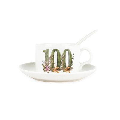 Purely Home Floral Age 100 Cup & Saucer Set With Spoon100Th Birthday/anniversary Gifts For HerPorcelain White Mug Coffee/tea Hot Drinks from B&Q