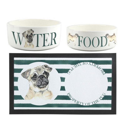 Pug Pet Bowls & Mat Set - White Ceramic Food & Water Dishes Gifts - Image 3