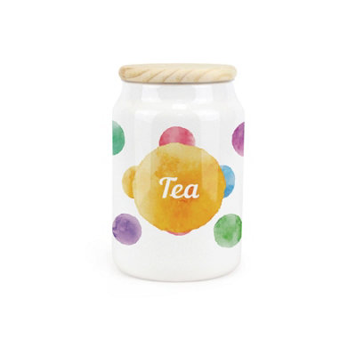 Purely Home Polka Dots Ceramic Tea Canister Multicoloured Spotty Housewarming GiftKitchen Food Storage Container & Wooden Lid 600Ml from B&Q
