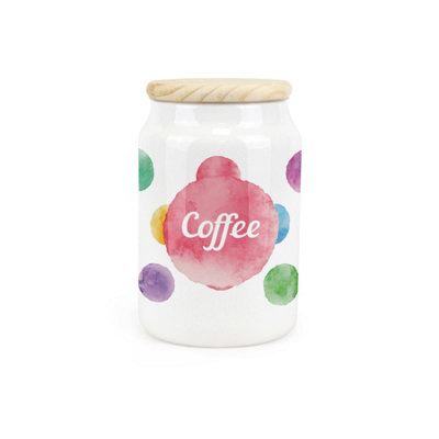 Purely Home Polka Dots Ceramic Coffee Storage Canister Multicoloured Spotty GiftKitchen Food Storage Container & Wooden Lid 600Ml from B&Q