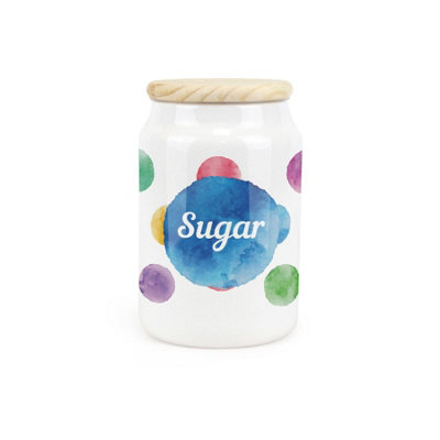 Purely Home Polka Dots Ceramic Sugar Storage Canister Multicoloured Spotty GiftKitchen Food Storage Container & Wooden Lid 600Ml from B&Q