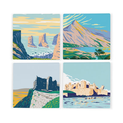 Purely Home Wales Ceramic Coaster SetUk Welsh Landmarks/landscapes Square Set Of Four (4) Coasters Gift from B&Q