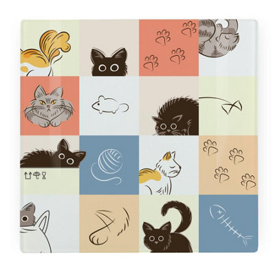 Purely Home Checked Cats Large Square Worktop Protector - Smooth Glass Chopping Board - Blue - Image 3