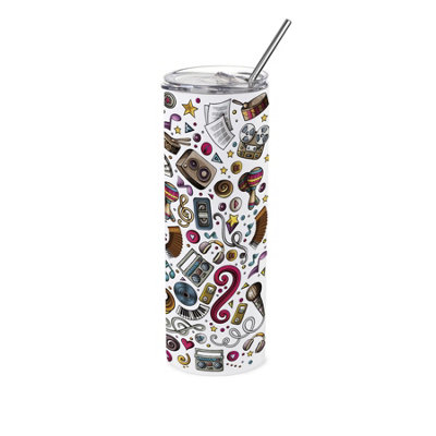 B&Q -  Music Montage Travel FlaskInstruments Gift For Music FansStainless Steel Vacuum-Sealed Double-Walled Drinks Cup With Straw