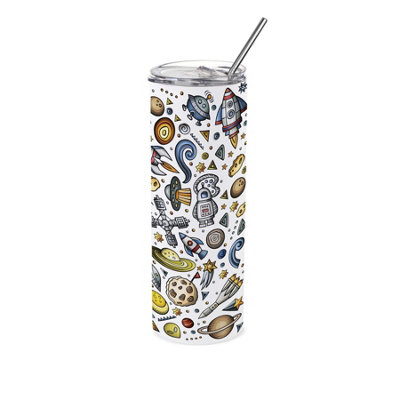 B&Q -  Space Montage Travel FlaskSpace & Astronauts Themed GiftStainless Steel Vacuum-Sealed Double-Walled Drinks Cup With Straw