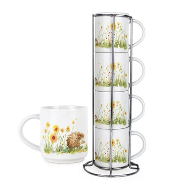 Hedgehog Wildlife Small Stacking Mugs - Ceramic Drinkware Set of 4 with Stand - Image 4
