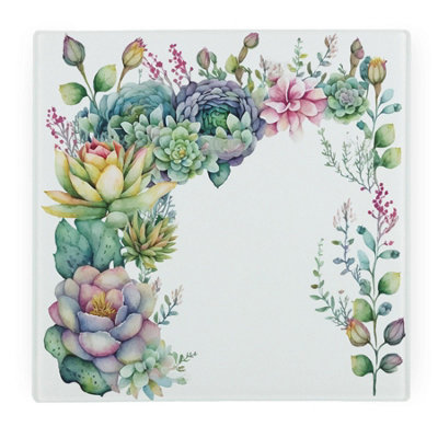 Purely Home Watercolour Succulents Large Square Worktop ProtectorSmooth Glass Chopping Board from B&Q