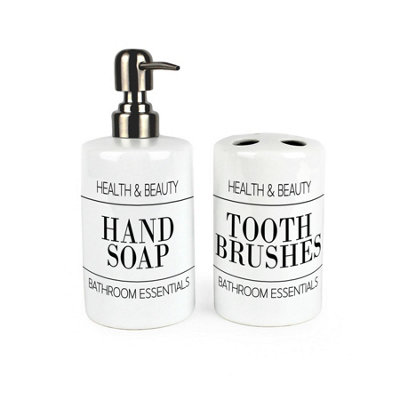 Purely Home Minimalist Bathroom SetRefillable Ceramic Soap Dispenser & Toothbrush Holder from B&Q