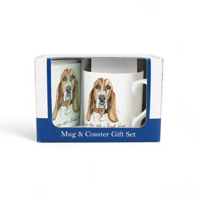 B&Q -  Basset Hound Mug & Coaster Gift SetLifes Better With A Basset HoundBone China Mug And Glass Coaster Set