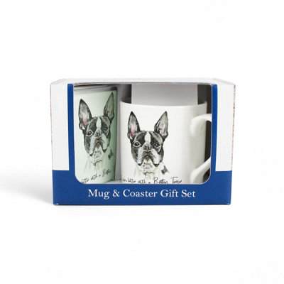 Purely Home Boston Terrier Mug & Coaster Gift SetLifes Better With A Boston TerrierBone China Mug And Glass Coaster Set from B&Q