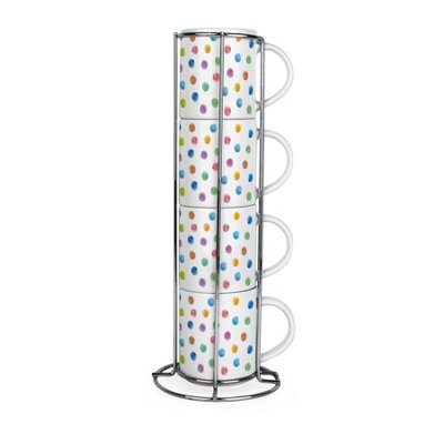 Purely Home Polka Dots Stacking Mugs SetMulticoloured Spots Ceramic Tea/coffee Cups Mug Gift Set With Metal Stand/holder Set Of 4 from B&Q