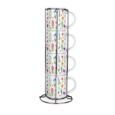 Spring Flowers Small Stacking Mugs Set - Ceramic Drinkware Set of 4 with Stand - Image 4