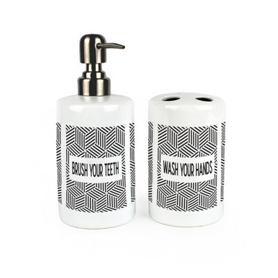 Purely Home Geometric Bathroom SetRefillable Ceramic Soap Dispenser & Toothbrush Holder from B&Q