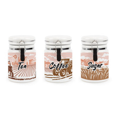 Purely Home Rural Landscapes Tea Coffee & Sugar Ceramic CanistersCountryside Farming Scene GiftsStorage Containers With Clip Lid 400Ml from B&Q