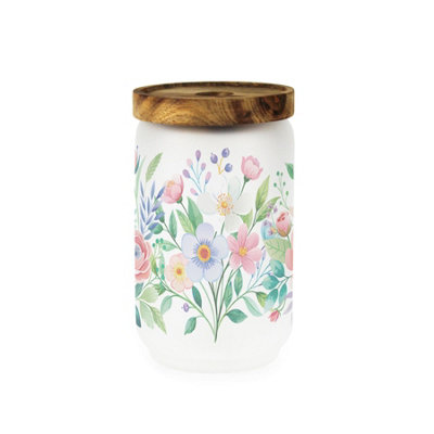 Purely Home Floral Bouquet Glass Storage JarWatercolour Floral Kitchen Hot Drinks Food Canister/container & Wooden Lid 750Ml (15.5Cm X 9Cm) from B&Q