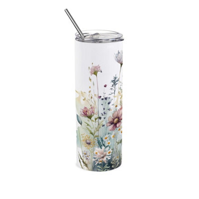 B&Q -  Wildflowers Travel FlaskFloral Meadow Watercolour GiftStainless Steel Vacuum-Sealed Double-Walled Drinks Cup With Straw