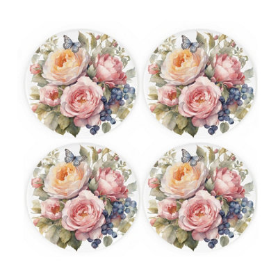 Purely Home Butterfly Bouquet Ceramic Coaster SetFloral Roses Print Set Of Four (4) Round Coasters Gift from B&Q