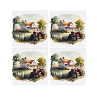 Purely Home Farmhouse Ceramic Coaster SetCountryside Tractor Farming Gift Square Set Of Four (4) Coasters from B&Q