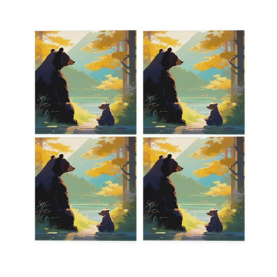 Purely Home Bear & Cub Ceramic Coaster SetForest Scenery Gift For Animal Lovers Square Set Of Four (4) Coasters from B&Q