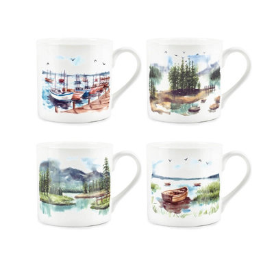 Purely Home Painted Waterscapes Bone China MugsSet Of 4