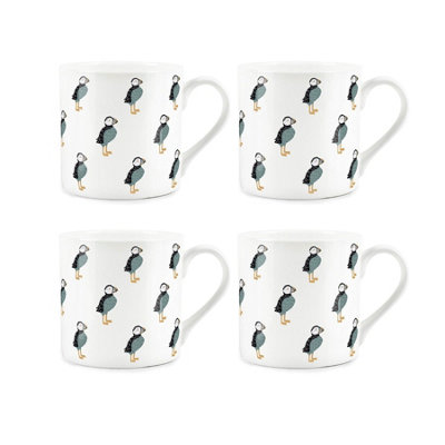 Purely Home Seaside Puffins Bone China MugsSet Of 4