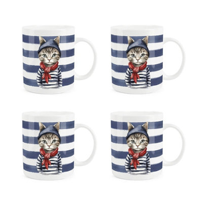 Purely Home Sailor Cat Bone China MugsSet Of 4