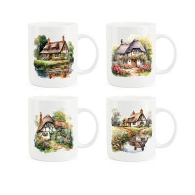 B&Q -  Quaint Cottages Bone China MugsSet Of 4
