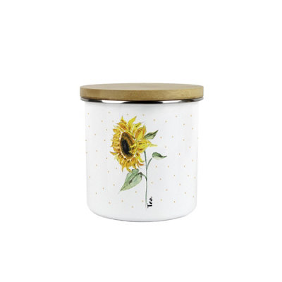 Purely Home Sunflowers & Spots Tea Storage CanisterFloral Kitchen GiftsWhite Enamel Medium Kitchen Storage Container from B&Q
