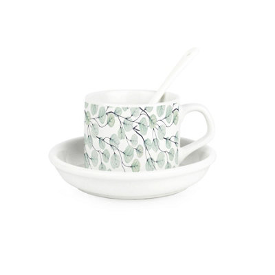 Purely Home Eucalyptus Leaves Cup & Saucer Set With SpoonFoliage Patterned Ceramic White Mug Coffee/tea Hot Drinks Present Gift from B&Q