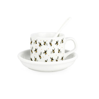 Purely Home Scattered Bees Cup & Saucer Set With SpoonBumblebees Patterned Ceramic White Mug Coffee/tea Hot Drinks Present Gift from B&Q