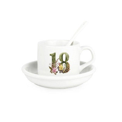 Purely Home Floral Age 18 Cup & Saucer Set With Spoon18Th Birthday/anniversary Gifts For HerCeramic White Mug Coffee/tea Hot Drinks from B&Q