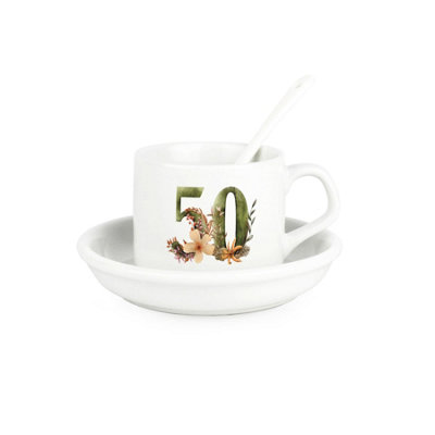 Purely Home Floral Age 50 Cup & Saucer Set With Spoon50Th Birthday/anniversary Gifts For HerCeramic White Mug Coffee/tea Hot Drinks from B&Q