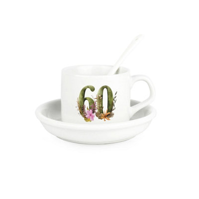 Purely Home Floral Age 60 Cup & Saucer Set With Spoon60Th Birthday/anniversary Gifts For HerCeramic White Mug Coffee/tea Hot Drinks from B&Q